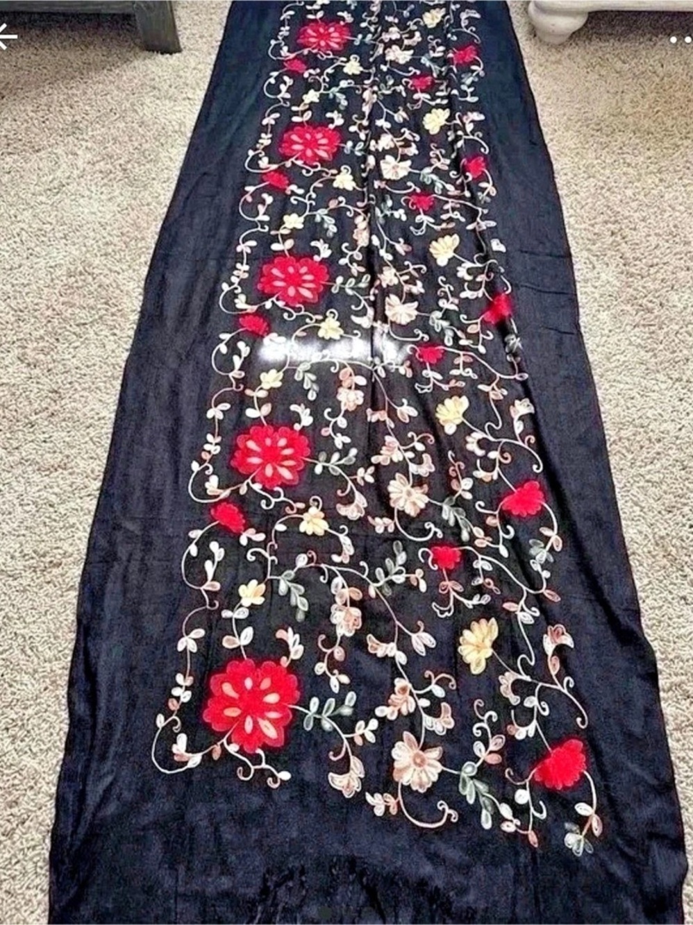 Mexican rebozo handmade Embroidered Floral shawl in Black & Red